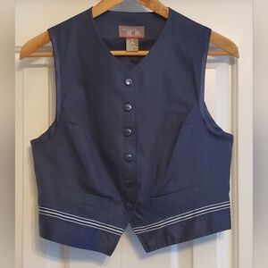 Womens New York Style Navy Blue Cropped Linen & Cotton V-Neck Button Up Vest Sm